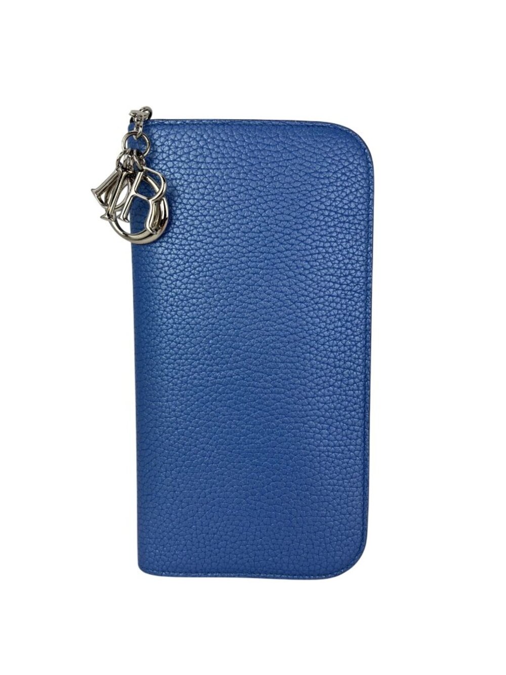Christian Dior Lady Dior Metallic Blue Grained Leather Zip Around Wallet